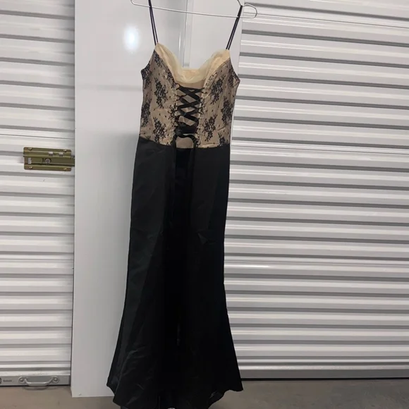 beige prom dress with black lace Strapless Long Prom Dress with Lace-Up Open Back Black / 16